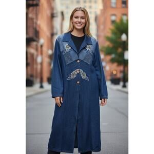 Vintage 80s Womens 12 Denim Jean Lace Patchwork Button Flowy Dress Prarie Countr